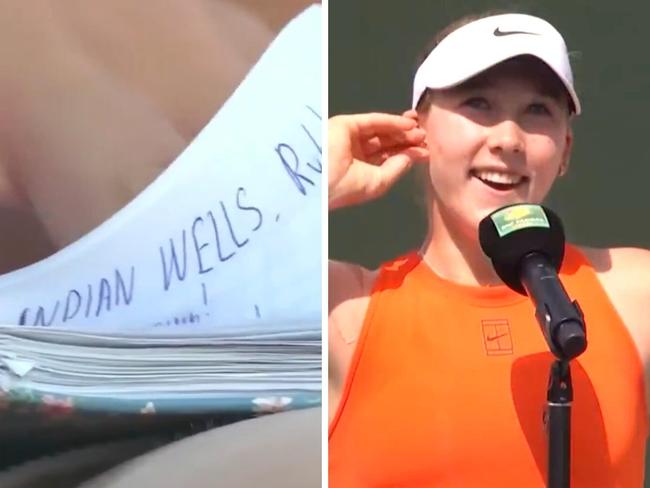 Mirra Andreeva's notebook was captured by TV cameras. Photo: X, @BastienFachan and Tennis Channel.