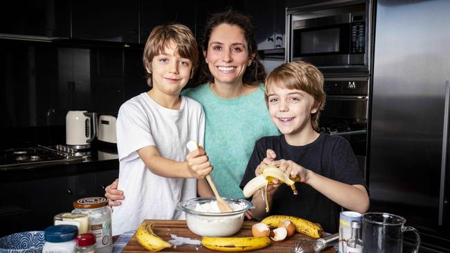 Kaleen Christie, with her sons Saxby, 10, and Bowie, 8, with their favourite banana bread. Picture: Nicole Cleary