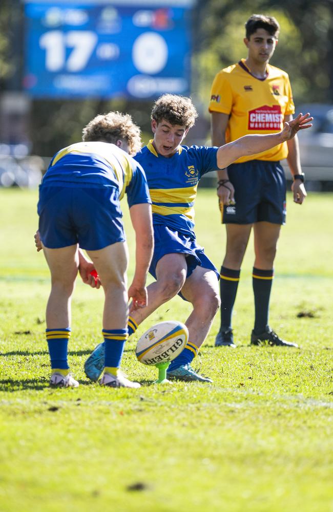 Sam Elms attempts to convert for Toowoomba Grammar School 1st XV against St Joseph's College, Gregory Terrace 1st XV in Round 6 GPS Queensland Rugby at TGS Old Boys Oval, Saturday, August 17, 2024. Picture: Kevin Farmer