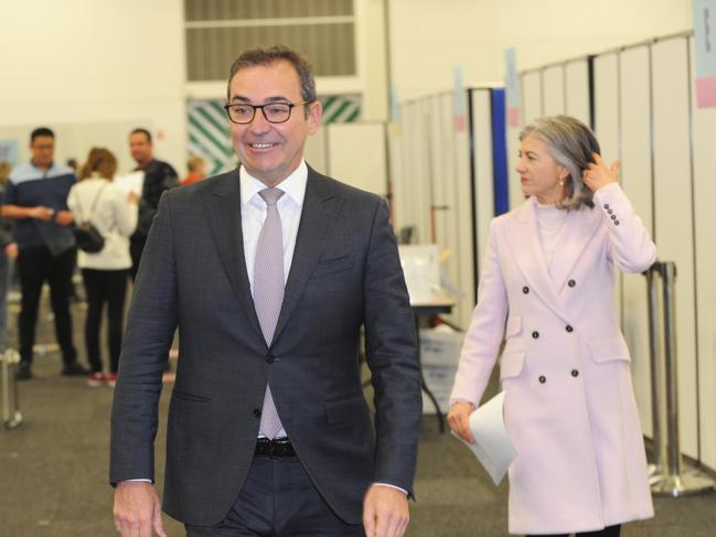 Premier Steven Marshall and chief public health officer Professor Nicola Spurrier at Wayville vaccination Clinic on Tuesday. Picture: Michael Marschall