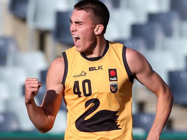 Luke Strnadica of WA celebrates a goal during the NAB AFL Under 18s Championships Division 1 match between Vic Metro and WA at Simonds Stadium on Wednesday 29th June, 2016. Picture: Mark Dadswell