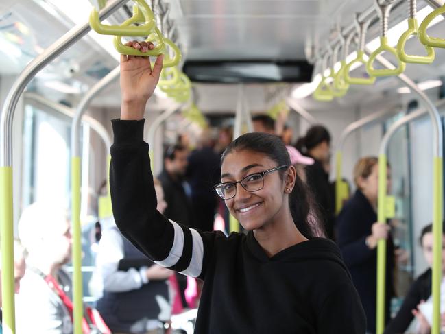 The Sydney Metro opens today and is giving Sydneysiders free travel. Brintha Srirankan, 18, from Castle Hill rides the new train. Picture: David Swift. Picture: David Swift