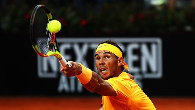 ROME, ITALY - MAY 20:  Rafael Nadal of Spain returns a backhand in his Mens Final match against Alexander Zverev of Germany during day 8 of the Internazionali BNL d'Italia 2018 tennis at Foro Italico on May 20, 2018 in Rome, Italy.  (Photo by Dean Mouhtaropoulos/Getty Images)