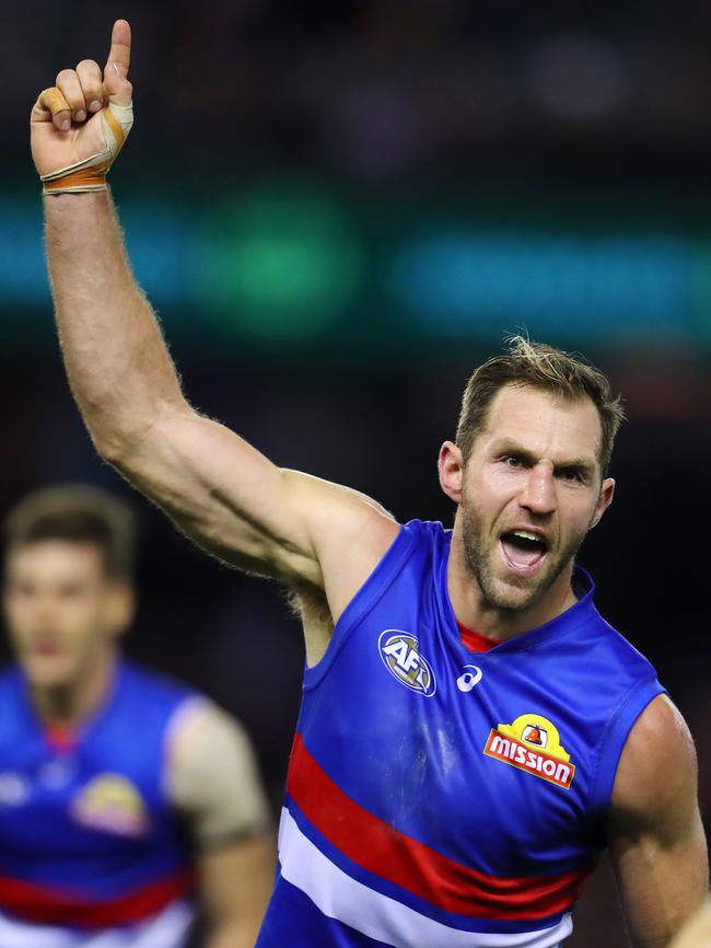 Travis Cloke celebrates a goal with the Western Bulldogs. Picture: Michael Klein