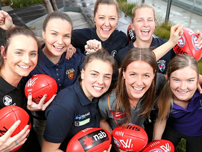 WOMENS AFL DRAFT. (Collingwood) Nicola Stevens, (Brisbane) Emily Bates (Carlton) Bianca Jakobsson (Adelaide) Ebony Marinoff, (Western Bulldogs) Jaimee Lambert, (GWS) Nicola Barr, (Fremantle) Hayley Miller and (Melbourne) Elise O'Dea. Picture: Tim Carrafa