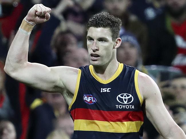 AFL - Round 18 - Adelaide Crows v Essendon at Adelaide Oval. Josh Jenkins celebrates another goal. Picture SARAH REED