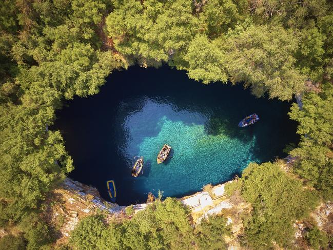 Aerial view of Melissani cave ( Melissani Lake ) in Kefalonia island, Greece. Picture: Supplied