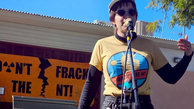 Arid Lands Environment Centre fracking campaigner Hannah Ekin at the Central Australian Frack Free Alliance anti-fracking gathering in Alice Springs Sunday, July 21, 2024.