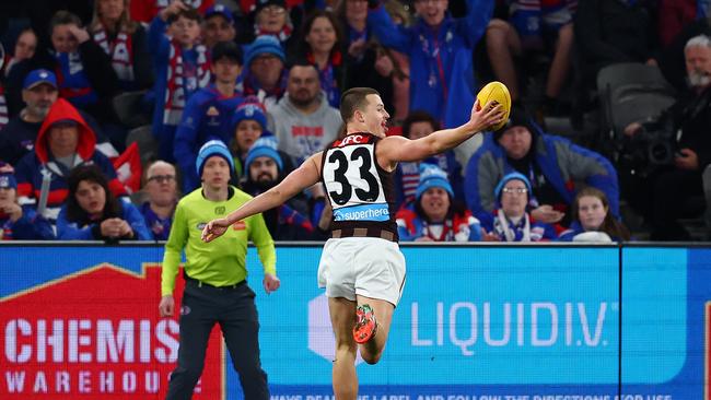 Another angle of Ginnivan’s cheeky move. (Photo by Morgan Hancock/Getty Images)