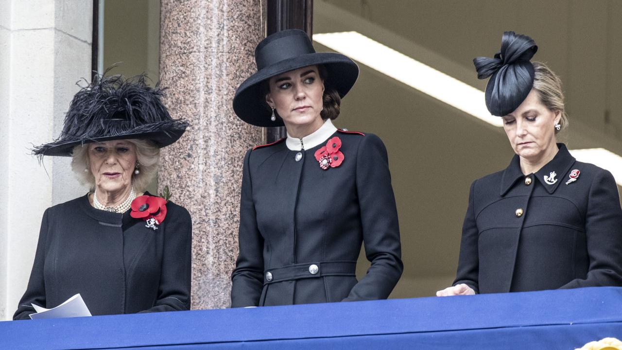 Catherine, Duchess of Cambridge stands with Camilla, Duchess of Cornwall and Sophie, Countess of Wessex on the balcony overlooking the Cenotaph. Picture: Richard Pohle – WPA Pool/Getty Images