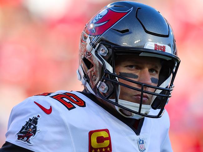 TAMPA, FLORIDA - JANUARY 23: Tom Brady #12 of the Tampa Bay Buccaneers reacts in the second quarter of the game against the Los Angeles Rams in the NFC Divisional Playoff game at Raymond James Stadium on January 23, 2022 in Tampa, Florida. (Photo by Kevin C. Cox/Getty Images)