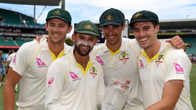 Australia's bowling attack of (L-R) Josh Hazlewood, Nathan Lyon, Mitchell Starc  and Pat Cummins profiles as the team’s significant edge over India. Picture: AFP PHOTO