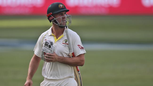 Australia's Mitchell Marsh is dismissed during their test match against Pakistan, in Dubai, United Arab Emirates, Wednesday, Oct. 10, 2018. (AP Photo/Kamran Jebreili)