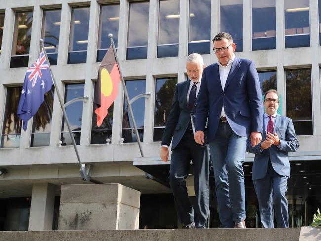 Victorian Premier Daniel Andrews faces the media in reaction to the Ombudsman’s report with Special Minister of State Gavin Jennings and Attorney-General Martin Pakula by his side. Picture: Alex Coppel