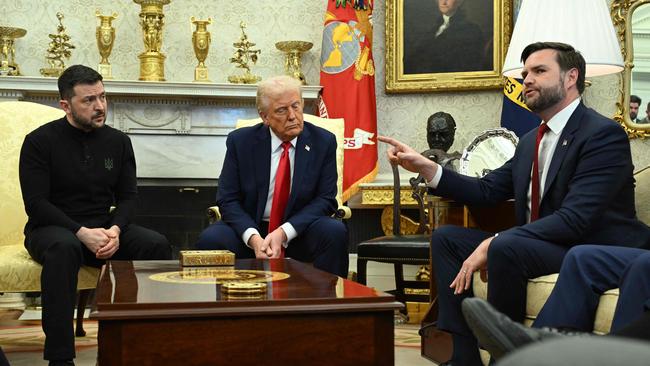 US President Donald Trump and Ukraine's President Volodymyr Zelensky listen to Vice President JD Vance as they meet in the Oval Office of the White House. Picture: AFP