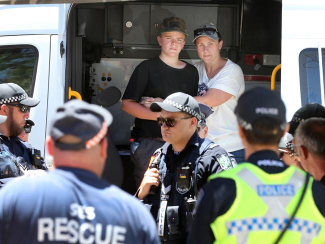 Logan Good with his mother Hayley, reunited after going missing in Mt Remarkable National Park overnight and much of Thursday. Picture: Dean Martin
