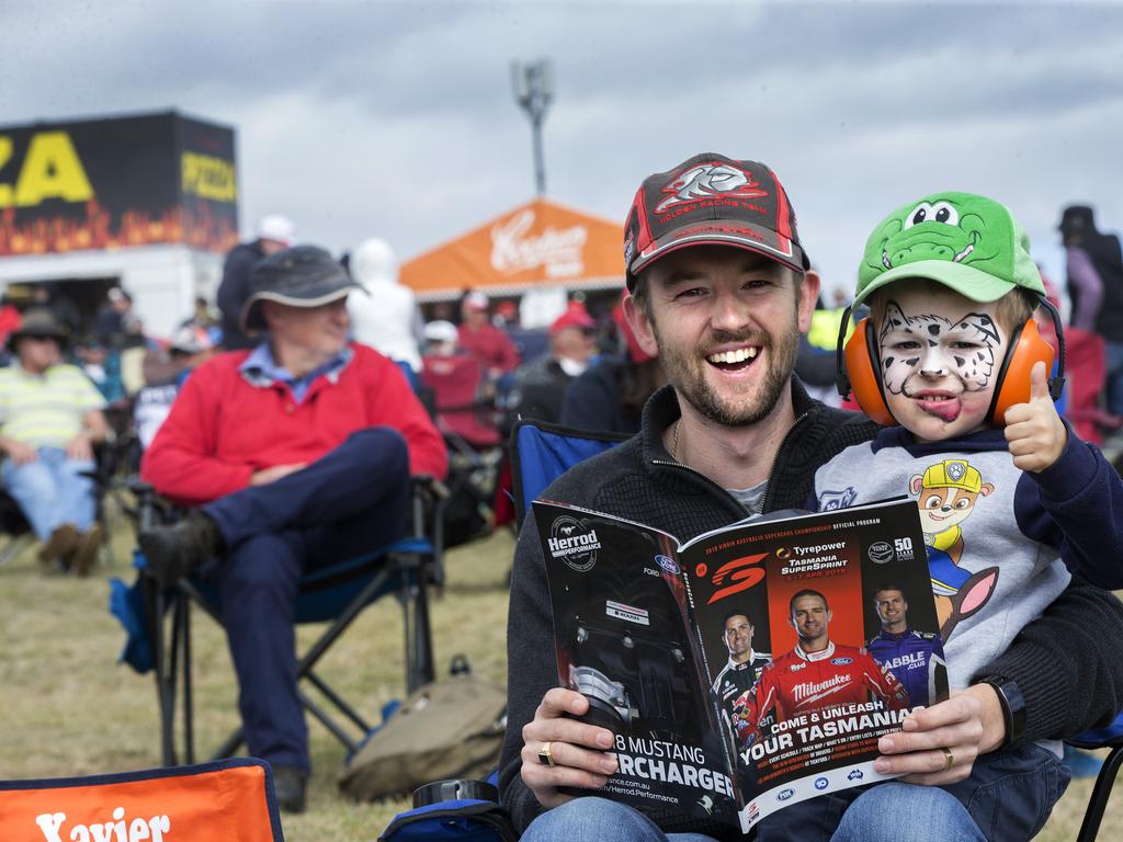 Bobby Tieman and son Xavier Tieman 4 of Launceston at Symmons Plains. PICTURE CHRIS KIDD