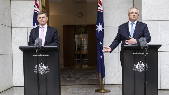 Prime Minister Scott Morrison with CMO Brendan Murphy at Parliament House in Canberra. Picture Gary Ramage