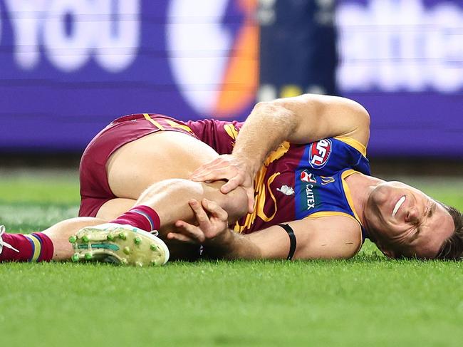 BRISBANE, AUSTRALIA - MAY 05: Lincoln McCarthy of the Lions is injured during the round eight AFL match between Brisbane Lions and Gold Coast Suns at The Gabba, on May 05, 2024, in Brisbane, Australia. (Photo by Chris Hyde/AFL Photos/via Getty Images )