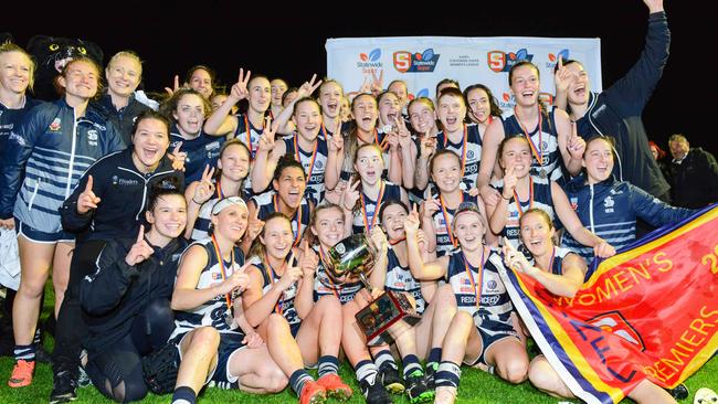 South Adelaide players celebrate after winning the 2019 SANFLW grand final. Picture: AAP/Brenton Edwards