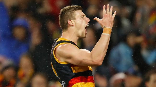 Josh Jenkins took a strong pack mark and kicked a goal but had a forgettable moment with the footy when he handballed out of bounds going forward in Thursday night’s loss to Geelong. Picture: Michael Willson (Getty).