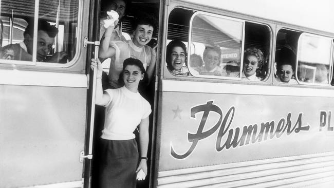 Some of the Hungarian athletes on their bus at the 1956 Olympic Games.