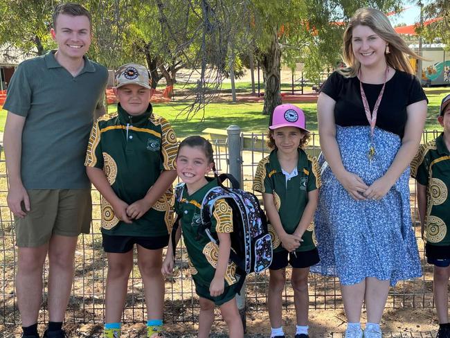 Australia's Best Teachers campaign of Joshua Crispin (assistant principal) and wife Abbey Barcham (Kindergarten teacher) with some of their students from Menindee Central School. Picture: Supplied