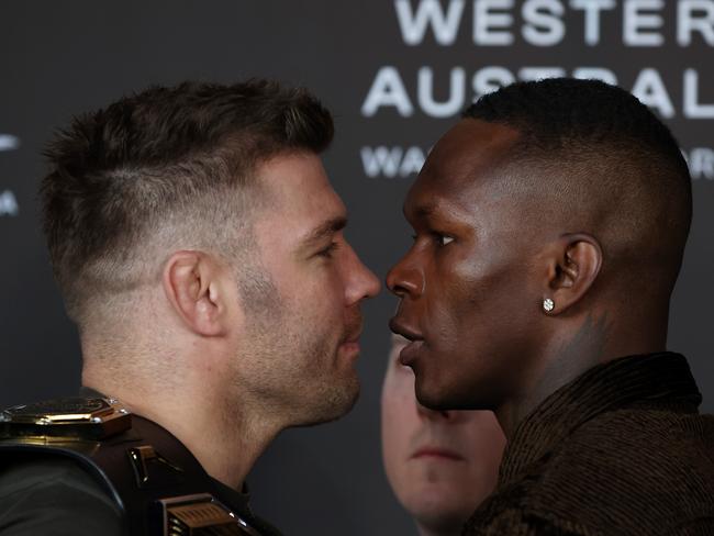 Dricus du Plessis (L) and Israel Adesanya (R) meet in this weekend’s UFC 305 main event in Perth. Picture: Will Russell/Zuffa LLC