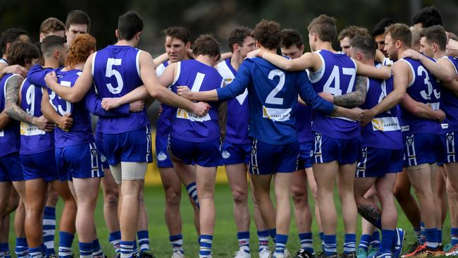 Sunbury players come together before a match in 2019. Picture: Andy Brownbill