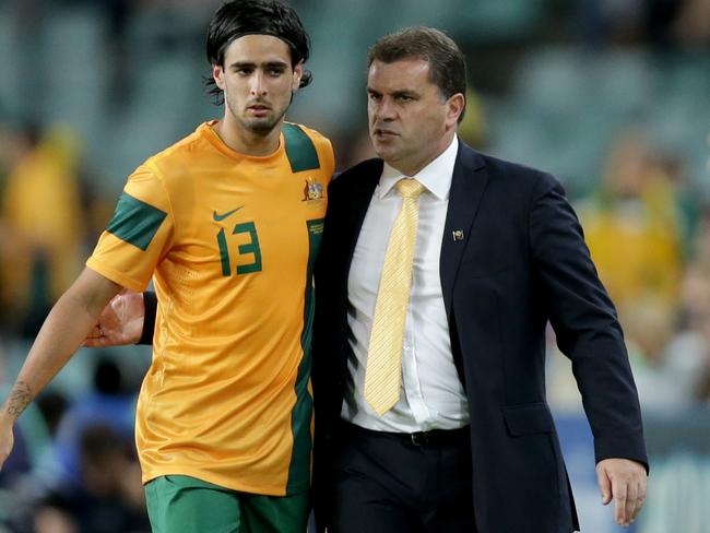 Rhys Williams with Ange Postecoglou during the 2013 clash against Costa Rica.