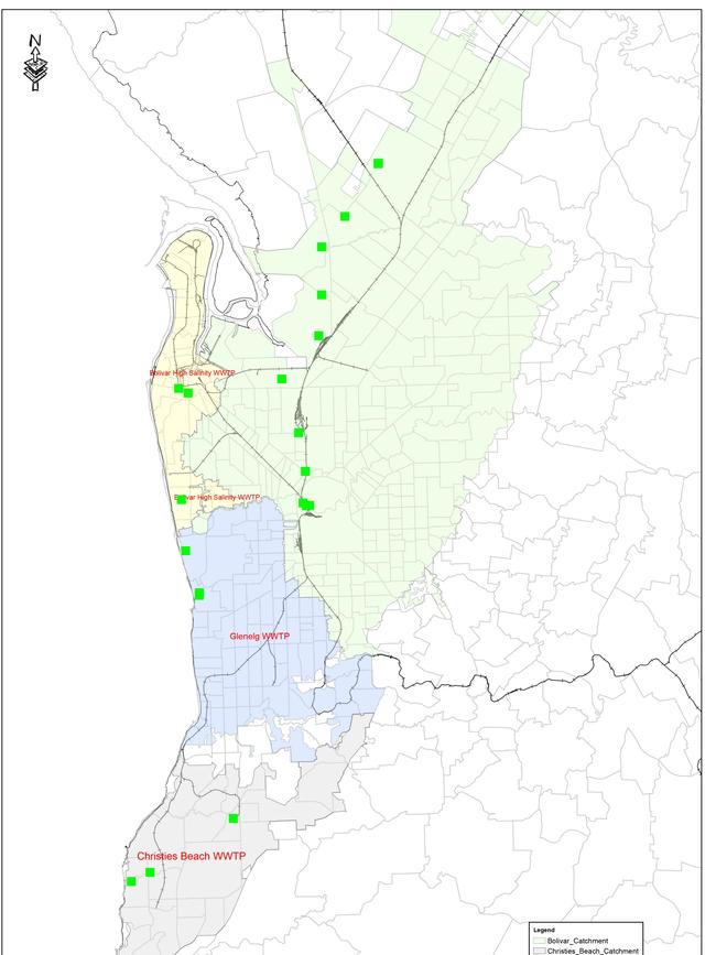 Map showing the locations of 22 wastewater sampling points for COVID testing within the catchments for Bolivar, Glenelg and Christies Beach wastewater treatment plants. This covers wastewater from all suburbs in the Adelaide metropolitan area. Supplied. Credit: SA Water