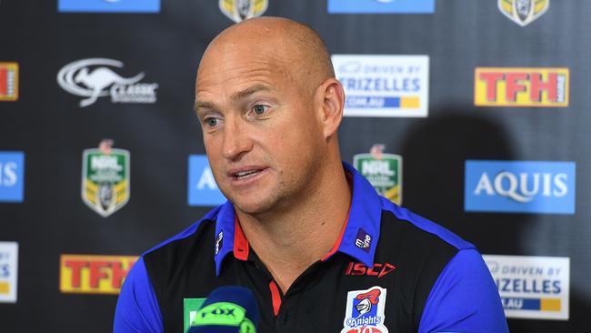 Knights coach Nathan Brown during a press conference following the Round 9 NRL match between the Gold Coast Titans and the Newcastle Knights at Cbus Super Stadium in Robina on the Gold Coast, Saturday, April 29, 2017. (AAP Image/Dave Hunt) NO ARCHIVING, EDITORIAL USE ONLY