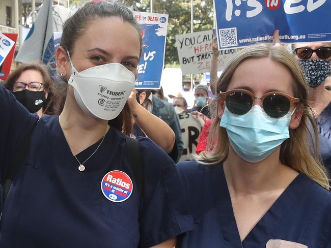 SYDNEY, AUSTRALIA - NewsWire FEBRUARY 15, 2022: Nurses from across Sydney gathered in front of NSW Parliament today to protest staff shortages and wages.   Picture: NCA NewsWire / David Swift