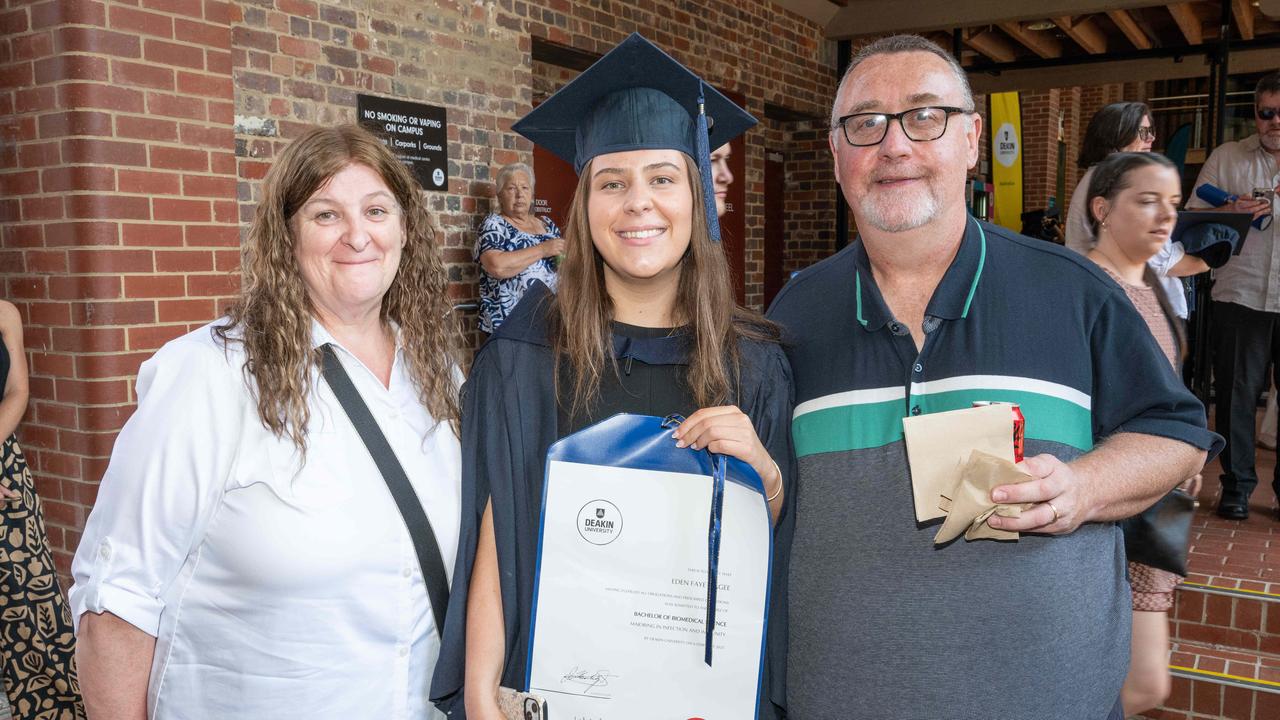 Trudy Magee, Eden Magee and Darren Magee at Deakin University’s environmental science graduation. Picture: Brad Fleet