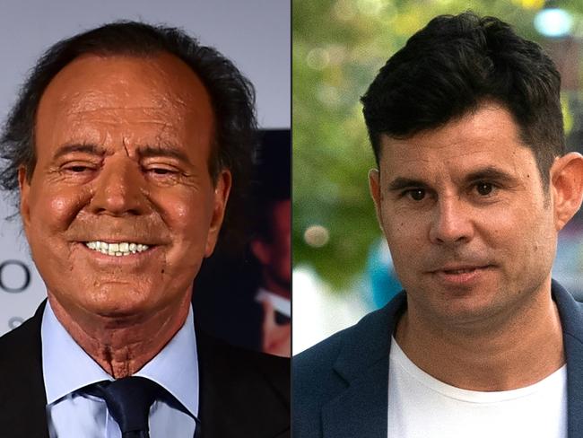 (COMBO) This combination of pictures created on July 10, 2019 shows a file photo taken on September 23, 2015 of Spanish singer Julio Iglesias in Mexico city and a file photo taken on July 04, 2019 of Javier Sanchez Santos in Valencia. - A Spanish court ruled on July 10, 2019 that Grammy award-winning singer Julio Iglesias is the biological father of a 43-year-old Javier Sanchez Santos. The judge in the case refused to admit DNA evidence obtained surreptitiously by a private detective working for the claimant and his lawyer. But he ruled that the man's mother had provided credible details of her affair with the singer and also cited the physical resemblance between the two men. (Photos by Ronaldo SCHEMIDT and JOSE JORDAN / AFP)