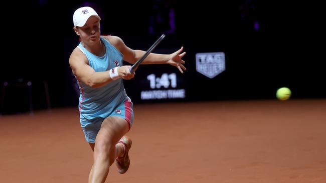 Ashleigh Barty returns a shot during the final against Aryna Sabalenka in Stuttgart