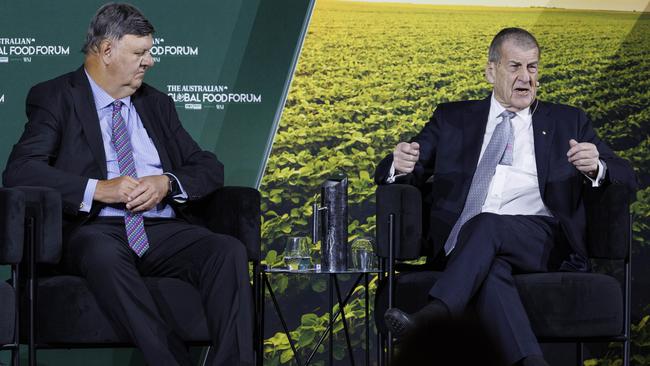 IGA Ritchies Chief Executive Officer Fred Harrison and CT Management Group and Original Juice Company The Hon Jeff Kennett speaking at the Global Food Forum in Brisbane. Picture: Glenn Hunt / The Australian