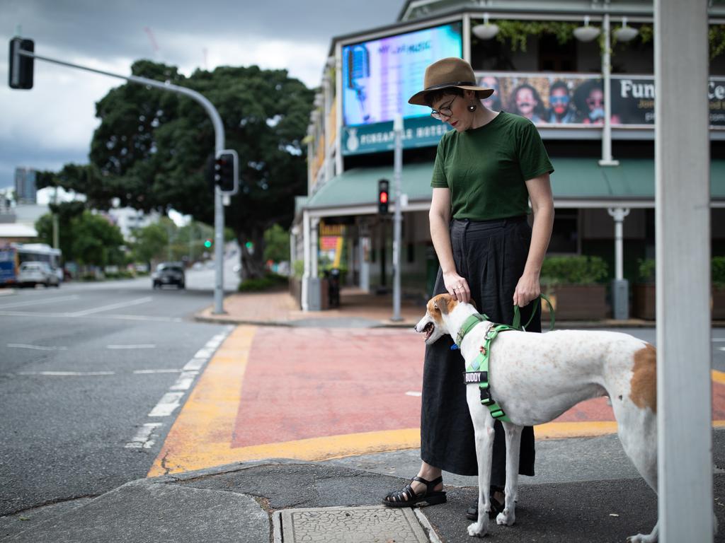 Amy MacMahon returning to the site of the accident at Kangaroo Point, months later. Picture: David Kelly