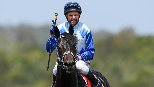HAS POTENTIAL: Jockey Larry Cassidy aboard So Dapper after winning the Class 3 Plate at Corbould Park on Saturday. Picture: AAP Image/Albert Perez.