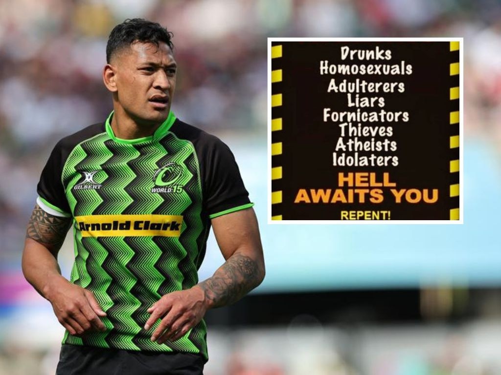 Israel Folau playing for a World XV last year and (inset) the infamous social media post. Photos: Getty Images/Instagram