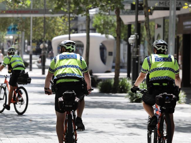 PERTH, AUSTRALIA - NewsWire Photos FEBRUARY 3rd  2021: In Hay Street Mall,  police on bikes patroling downtown during day three of Perth's COVID Lockdown.  Picture: NCA NewsWire /Philip Gostelow