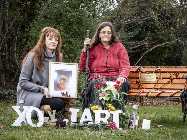 Jari Wise’s mother Faith Tkalac and his grandmother Rissah Vox at the Huonville memorial. Picture: Eddie Safarik