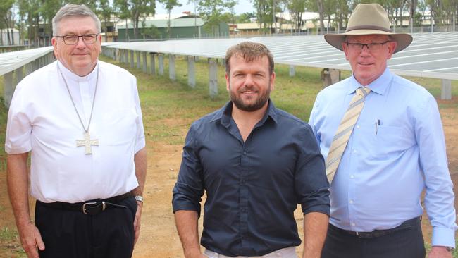 Bishop Michael McCarthy, Jack Hooper from GEM Energy and Shalom College principal Dan McMahon at the school's solar farm.