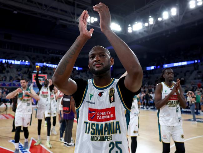 Milton Doyle of the Jackjumpers acknowledges fans after Monday’s road win over Melbourne United. (Photo by Josh Chadwick/Getty Images)