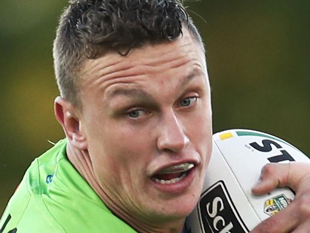 Jack Wighton of the Raiders is tackled by Kevin Naiqama of the Tigers during the Round 15 NRL match between the Wests Tigers and the Canberra Raiders at Campbelltown Stadium in Sydney, Sunday, June 17, 2018. (AAP Image/Brendon Thorne) NO ARCHIVING, EDITORIAL USE ONLY