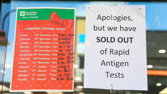 Chemists across the country have posted similar notices on their front doors amid the shortage of Rapid Antigen Tests. Picture: NCA NewsWire