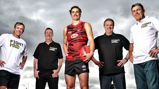 Daniher with (from L-R) Unlce Terry, Uncle Neale, father Anthony and uncle Chris Daniher at The Hangar in 2017. Picture: Hamish Blair