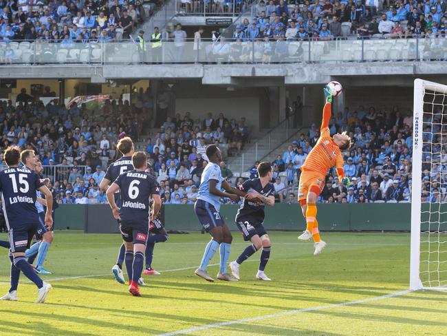 Lawrence Thomas tips the ball past the goals from a corner during the Round 5 match between Sydney FC and Melbourne Victory at Jubilee Oval in Sydney last November. 