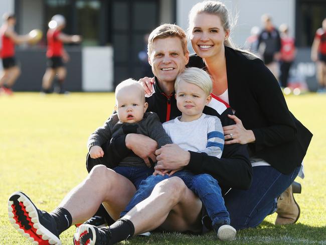 Nick Riewoldt with kids William and James and wife Catherine after announcing his retirement in 2017. Picture: Michael Dodge/Getty Images