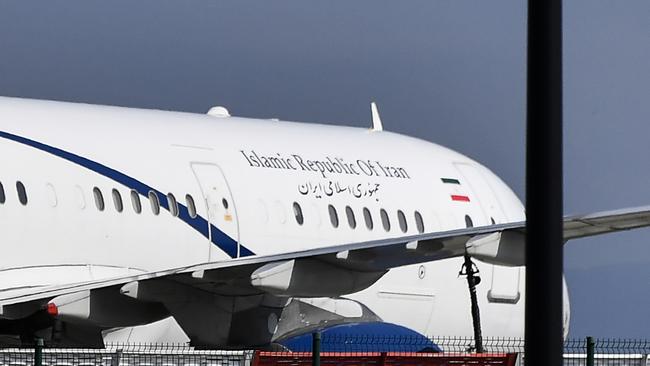 The plane which carried Iran's Foreign Minister Mohammad Javad Zarif stands on the tarmac at the airport of the French seaside resort of Biarritz. Picture: AFP